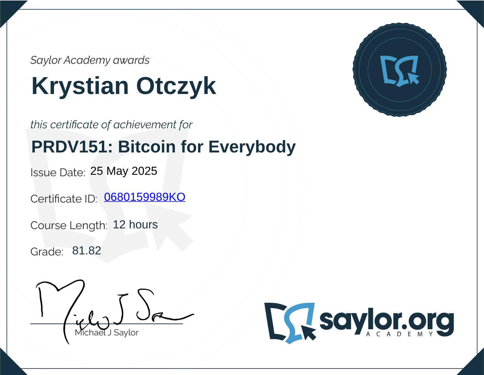 Certyfikat Bitcoin for Everybody - Saylor Academy