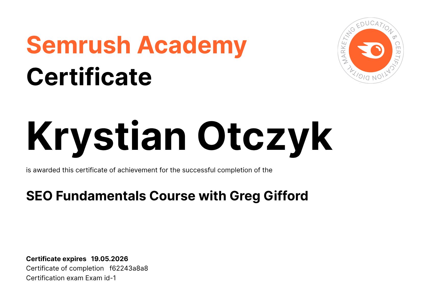 Certyfikat SEO Fundamentals